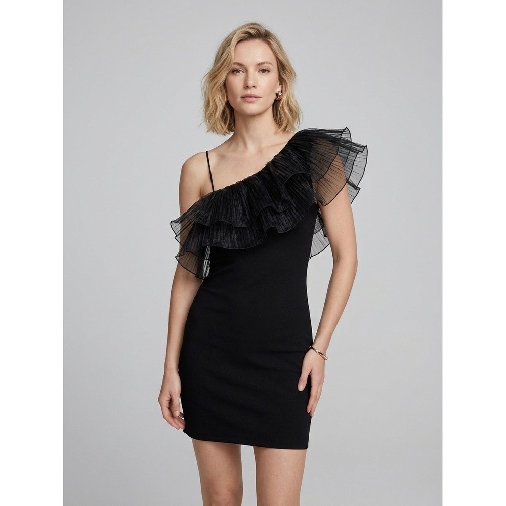Zara Black One Shoulder Ruffle Cocktail Party Tulle Mini Dress Size S - Picture 1 of 7
